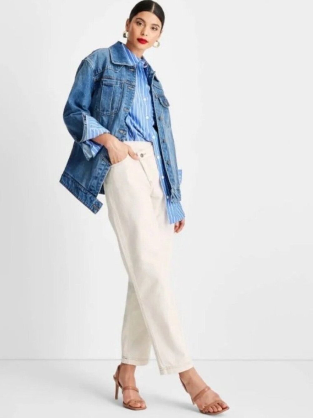 FUTURE COLLECTIVE Kahlana Barfield Brown Asymmetrical Denim Jean Jacket M